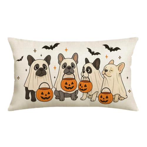 Halloween Pillow Cover 12x20 Inch Beige French Bulldogs with Ghosts
