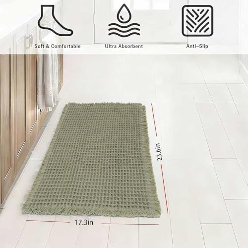 Eanpet Waffle Green Bath Rug, Non-Slip Absorbent Boho Mat 17.3" x 23.6"