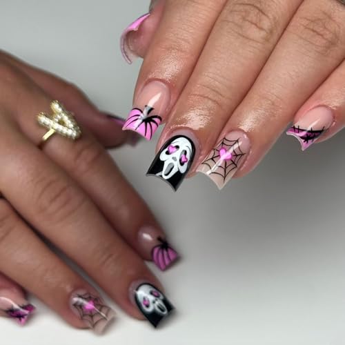 Halloween Press on Nails Short Square French Tip False Nail Kit