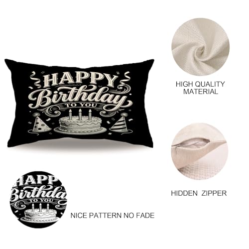 Happy Birthday Decorative Throw Pillow Cover, 12" x 20" Black Waist Cushion