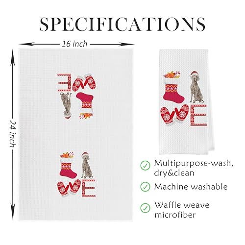 Weimaraner Christmas Kitchen Towels Set - Holiday Dog Paw Decor, 16x24 Inch, Waffle Microfiber, Pack of 4