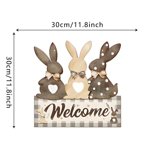 Wooden Bunny Welcome Sign - Easter Door Hanger Decor 12"