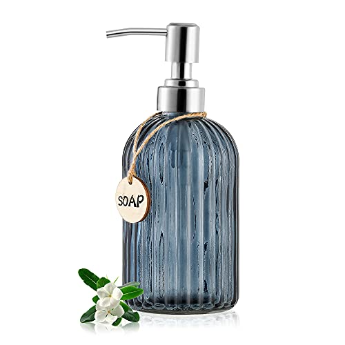 MOCLIF 16 oz Tempered Glass Soap Dispenser, Blue Grey Vertical Stripe
