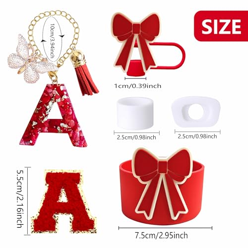 Red Stanley Cup Accessories Set with Bow Boot Leak-Proof Stopper and Initial Charm for 30/40oz Tumbler