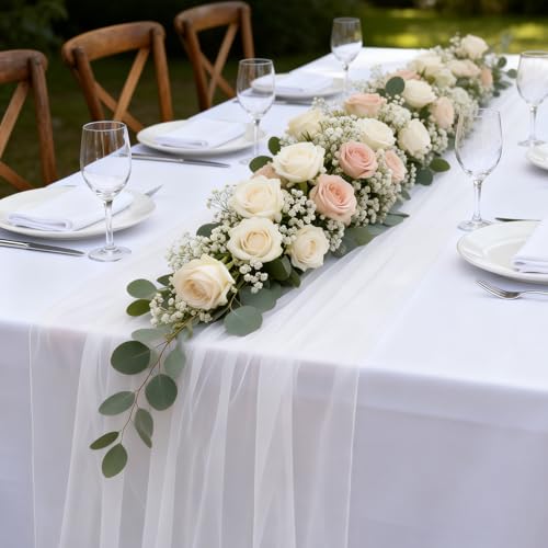 White Chiffon Table Runner 30x120 Inch - 2PCS Sheer Tulle Wedding Decor - Variation: White
