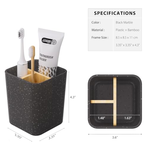 Leadiy Bamboo Toothbrush Holder with 3 Slots for Bathroom Counter - Black Marble Design