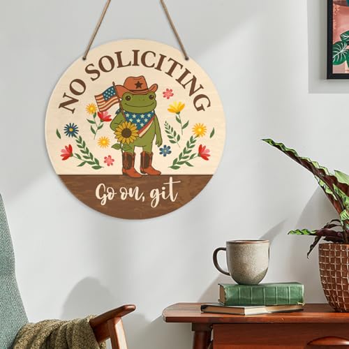 Funny Frog No Soliciting Sign - L Size Rustic Wood Hanging Door Plaque