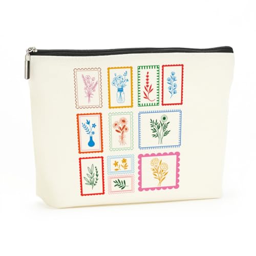 Decohim Boho Floral Postage Stamp Makeup Bag - Cotton Linen Travel Toiletry Pouch