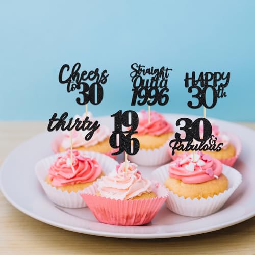 30th Birthday Cupcake Toppers - Set of 6 Black Glitter Decorations
