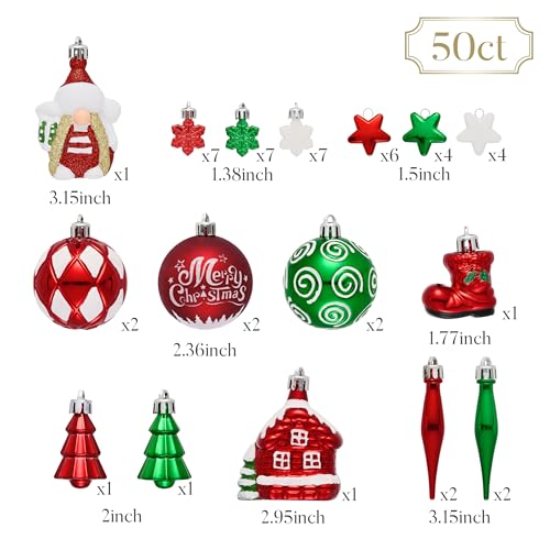 Valery Madelyn Christmas Ornaments Set - Red, Green & White Whimsical Holiday Decorations, 50 pcs
