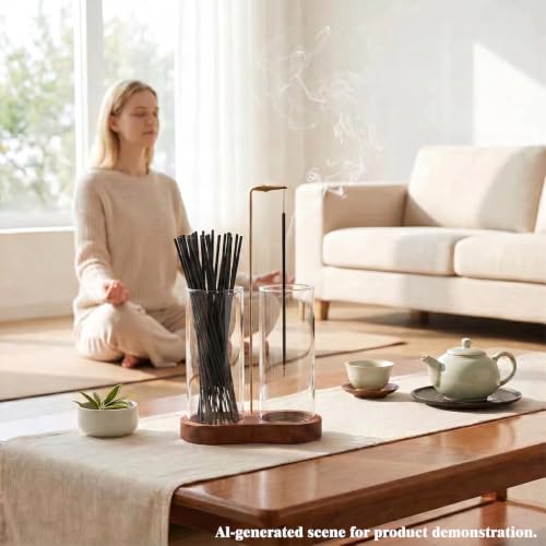 OWLREX Upgrade Tall Incense Holder with Glass Ash Catcher - Upside Down Burning & Stick Storage
