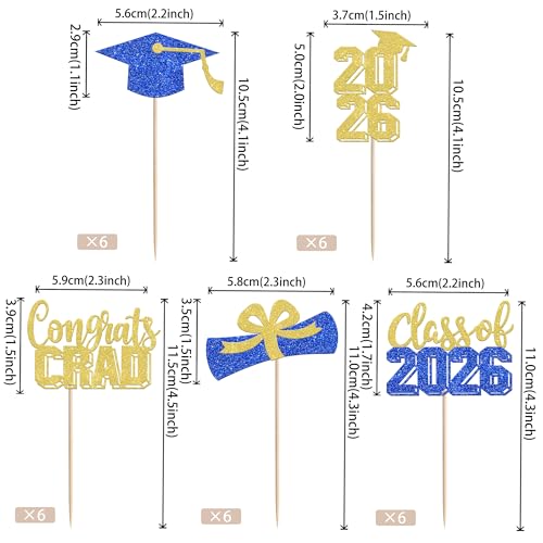 30 PCS Graduation Cupcake Toppers - Class of 2026 Glitter Picks
