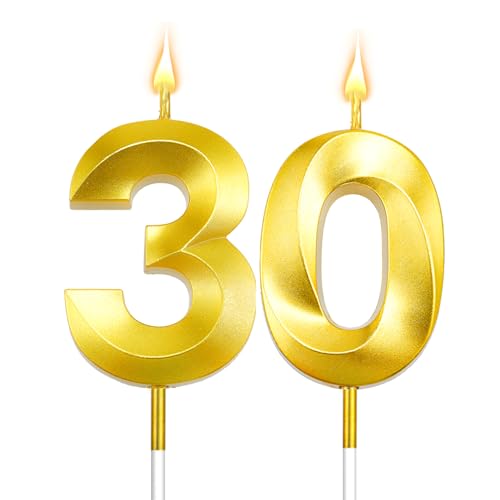 Gold 30th Birthday Candles - 2 Pack Number Cake Topper