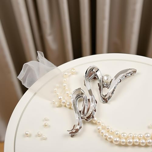 Metallic Ribbon Pearl Hair Claw Clip Large Silver Non-Slip Barrette