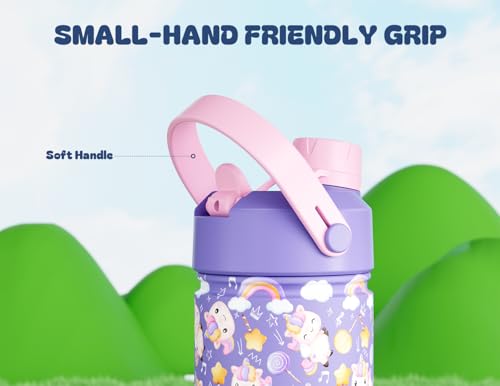 12 oz Insulated Water Bottle for Kids - Unicorn Jam Design, Leakproof Lid, BPA-Free