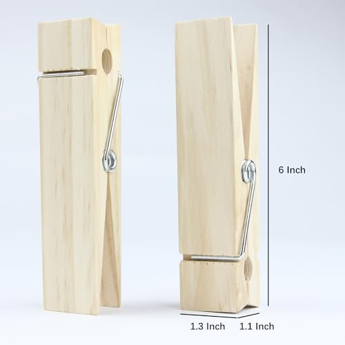 6-Inch Natural Wooden Clothespins - Jumbo Heavy Duty Craft Clips, 2 Pack