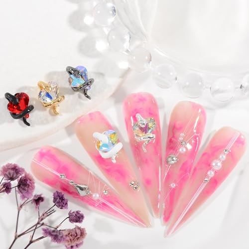 MEILINDS Gold Snake Nail Charms with Iridescent Heart Rhinestones 10PCS 3D Alloy Nail Gems for Acrylic Nails DIY Nail Art Decorations