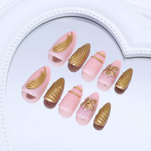 Gold Flower Press on Nails Medium Almond Fake Nails 3D Gold Lines