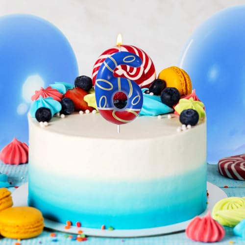 Blue Number 6 Birthday Candle with Gold Ring Print