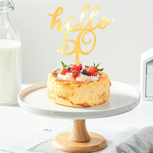 Gold Hello 50 Cake Topper - Elegant Acrylic Birthday Decoration