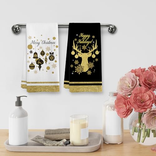 Christmas Reindeer Kitchen Towels Set of 2 - Black & Gold Holiday Decor