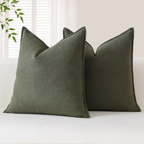 OTOSTAR Pack of 2 18x18 Inch Olive Green Linen Throw Pillow Covers