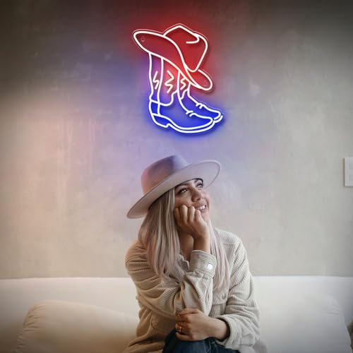 Cowboy Boot Neon Sign with Cowboy Hat - Western Wall Decor for Bedroom, Bar, Office, Man Cave - Variation CBB1