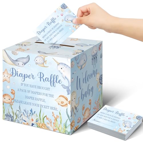 Ocean Animals Diaper Raffle Tickets with Card Box - 51 Pieces