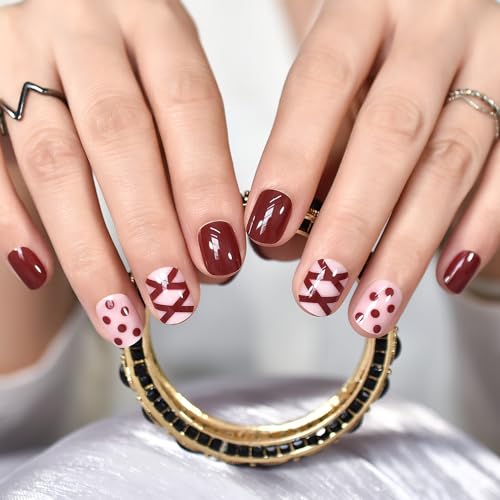 iMABC Christmas Glossy Red Short Squoval Press On Nails with Bow Design