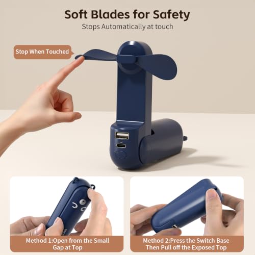 Morelax Portable Handheld Fan - Navy Blue Foldable USB Mini Fan with Power Bank
