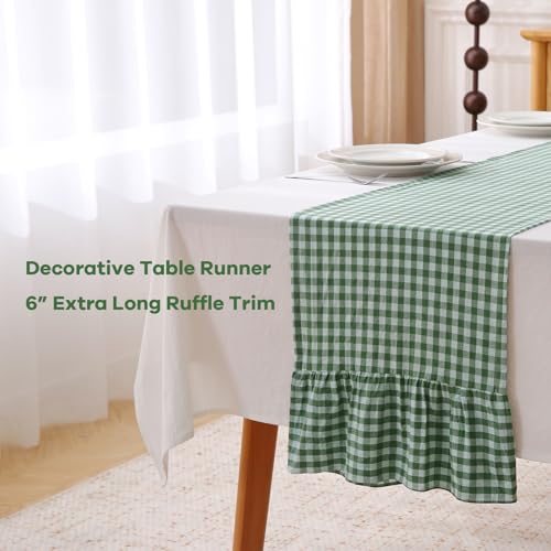 Green White Plaid Gingham Ruffle Table Runner - 13x72 Inch, Cotton