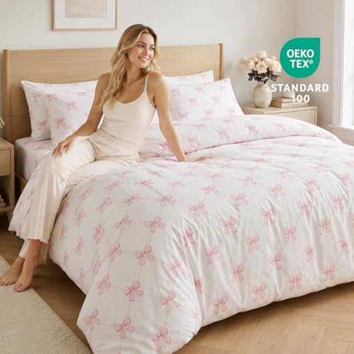Twin Pink Bow Duvet Cover Set - Reversible & Soft