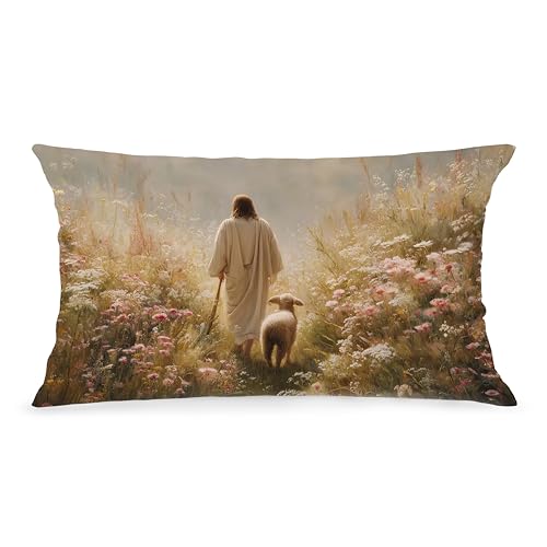 Jesus and Lamb Lumbar Pillow Cover 12x20, Soft Flannel Christian Decor