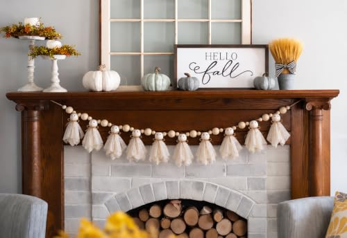 Pextian Beige 6.5Ft Halloween Ghost Garland with Wooden Beads, Handmade Halloween Decor
