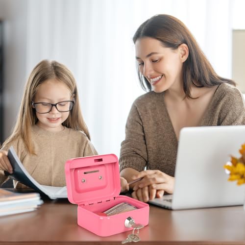 Crinwaki Mini Pink Steel Cash Box with Lock and Coin Slot - 4.5" Compact Safe