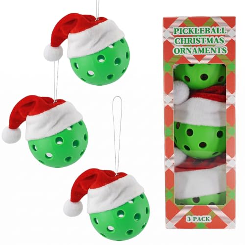 Pickleball Christmas Tree Ornaments Set of 3 with Santa Hat - Holiday Sports Decor