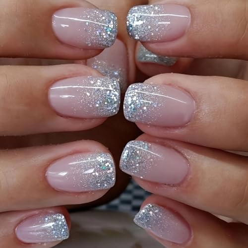 Hrnsnails Glitter Ombre Short Square Press on Nails - 24Pcs Sparkly Acrylic False Nails Kit