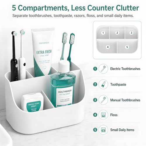 5-Slot Plastic Toothbrush and Toothpaste Holder for Bathroom