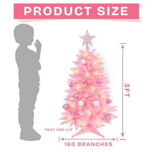 Pink 3ft Artificial Christmas Tree with Lights, Ornaments & 8 Lighting Modes