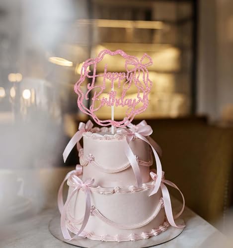 Pink Bow Happy Birthday Cake Topper - Glittery Decoration