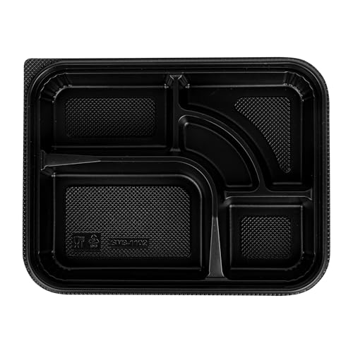 Restaurantware-Bento Tek 26.2 Ounce Meal Prep Containers, 50 Disposable To Go Food Boxes - Lids Sold Separately, 5 Compartments, Black Plastic Bento Lunch Boxes, Microwavable, Freezable