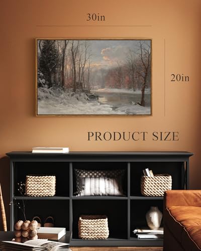 Vintage Canvas Wall Art - Snow Stream River Farmhouse Landscape, 30 x 20 Inches - Winter Scene