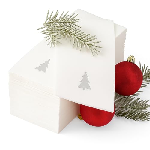 Silver Tree Christmas Napkins - 50 Linen-Like Disposable Holiday Hand Towels