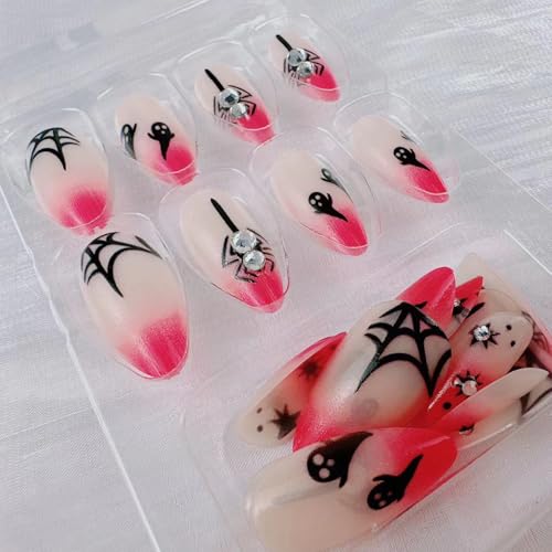 Halloween Press on Nails Medium Almond Fake Nails with Spider Web Designs