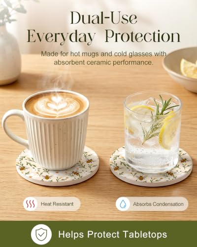 Oqplog Beige Bee Flowers Ceramic Absorbent Coasters - Set of 2