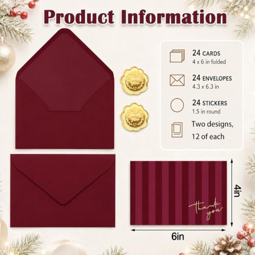 24 Pack Thank You Cards with Envelopes and Stickers for Christmas Holiday