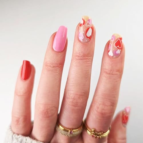Red Love Heart Press on Nails Medium Square Glossy Fake Nails 24Pcs