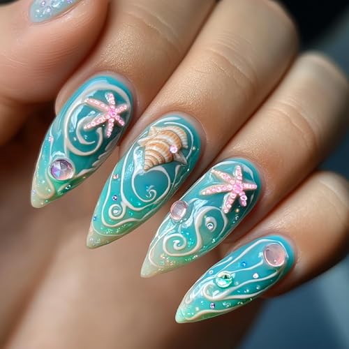Light Blue Almond Press on Nails with Starfish Shells and Rhinestones