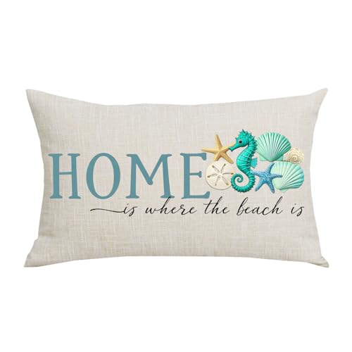 Home Is Where The Beach Is Lumbar Throw Pillow Cover, 12x20 Cotton Linen