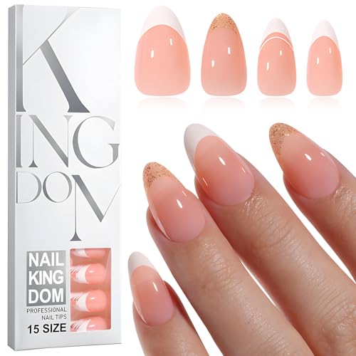 French Tip Short Almond Press on Nails with Glitter, 150 Pcs Nude Fake Nails